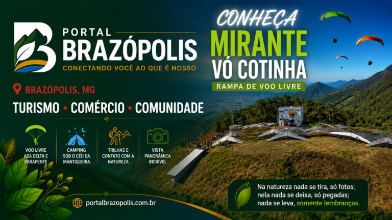 Vista panorâmica da Serra da Mantiqueira a partir do Mirante Vó Cotinha, em Brazópolis-MG, com pilotos de parapente em voo.