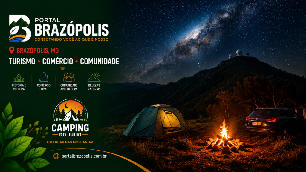 Barraca de camping com fogueira acesa sob céu estrelado em terreno privativo aos pés do Observatório Pico dos Dias, Bom Sucesso, Brazópolis MG