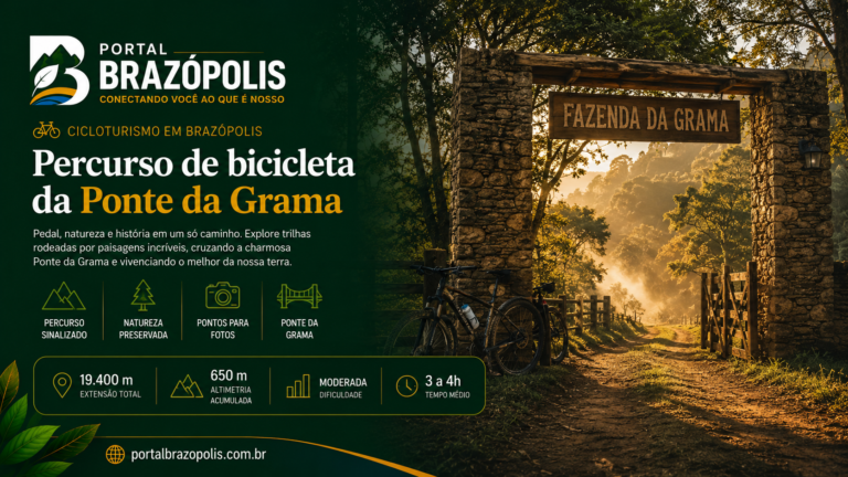 Ciclistas com mountain bikes no portão de entrada da Fazenda da Grama, ponto do Percurso Ponte da Grama, trilha de bicicleta em Brazópolis, MG