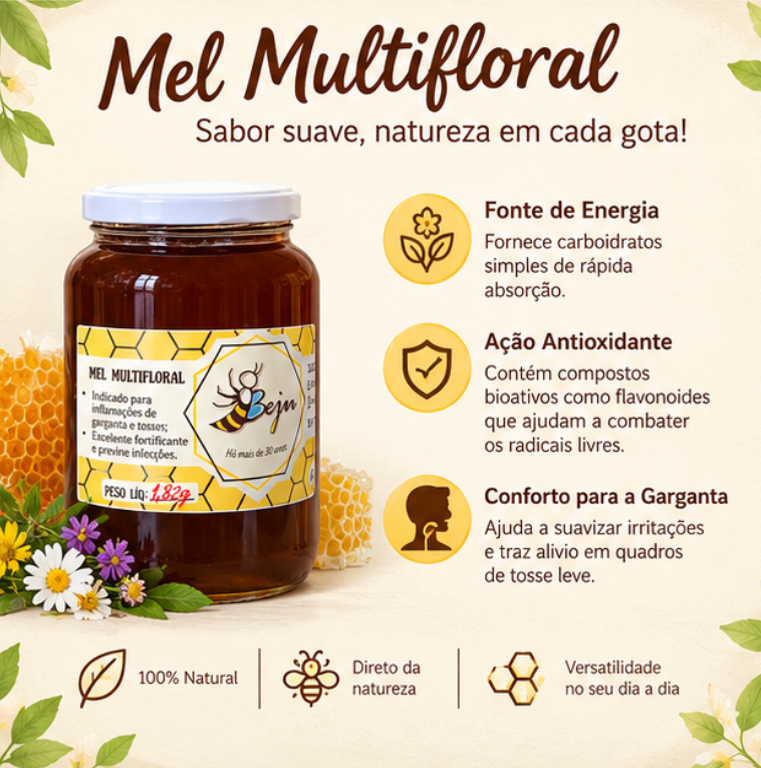 Mel Multifloral Apiário Beju (340g e 830g) 2 Mel Multifloral Apiário Beju (340g e 830g) - Imagem 2