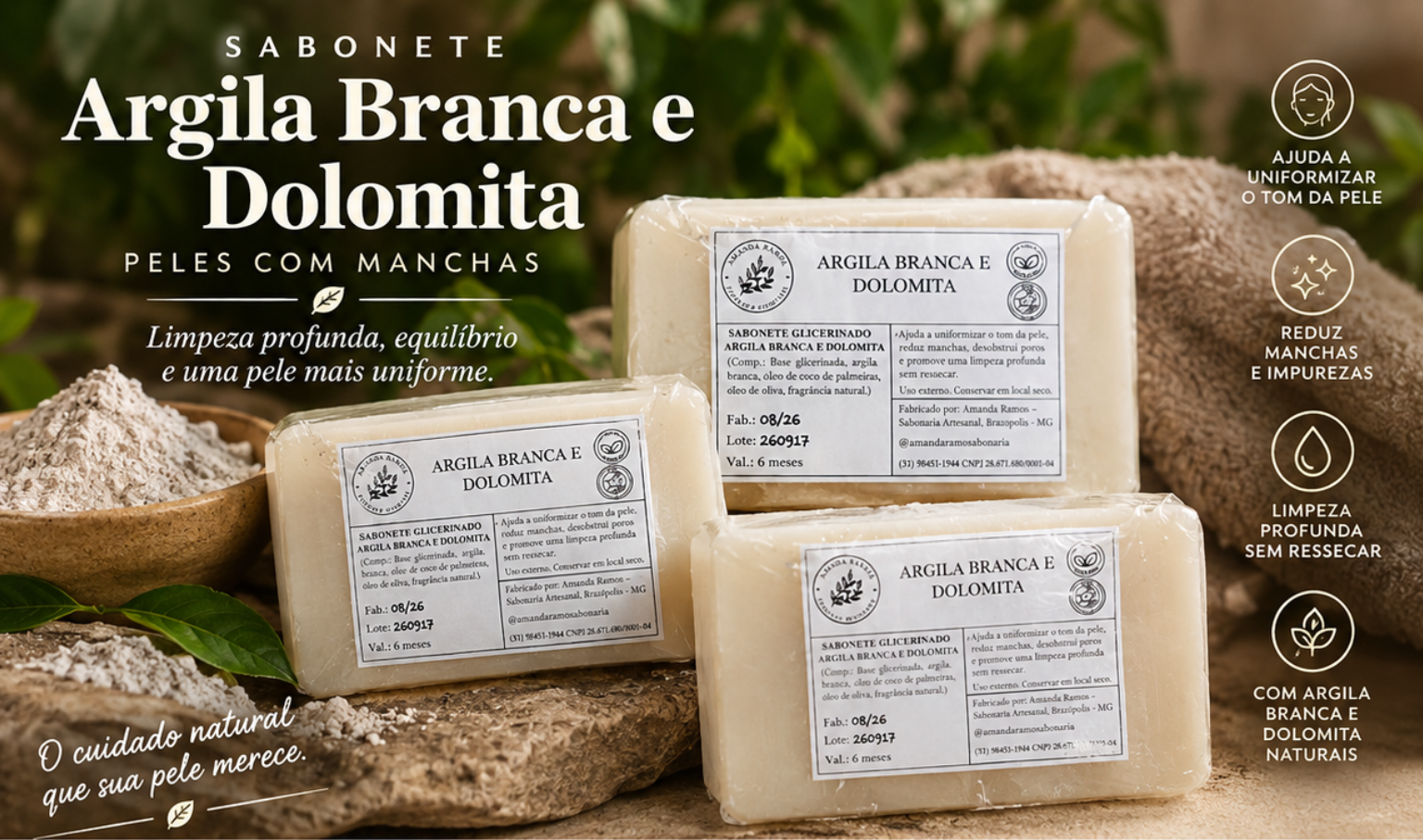 Sabonete Artesanal Argila Branca e Dolomita 1 Sabonete Artesanal Argila Branca e Dolomita feito em Brazópolis - MG